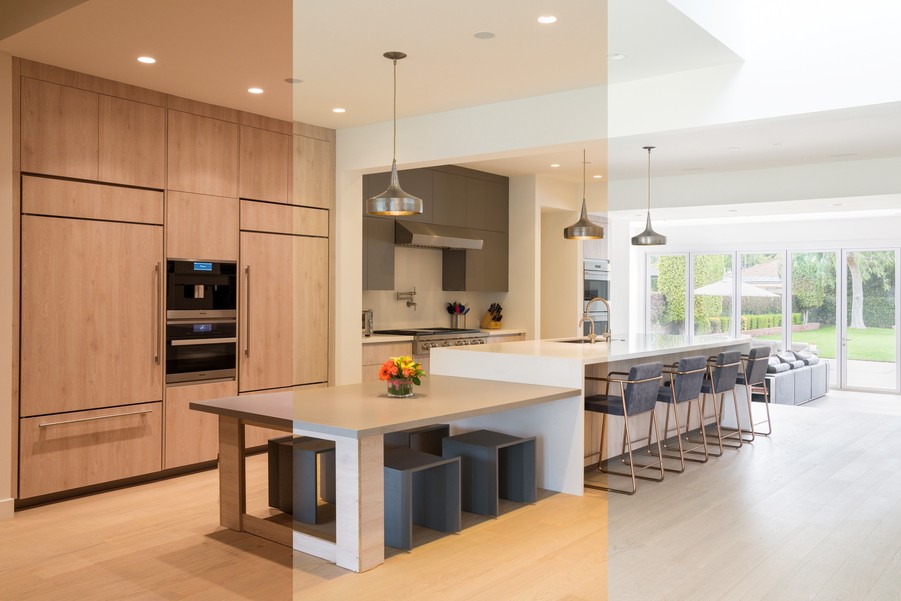 modern kitchen island with three shades of Lutron lighting, warm, cool, and dimmed, across the living space