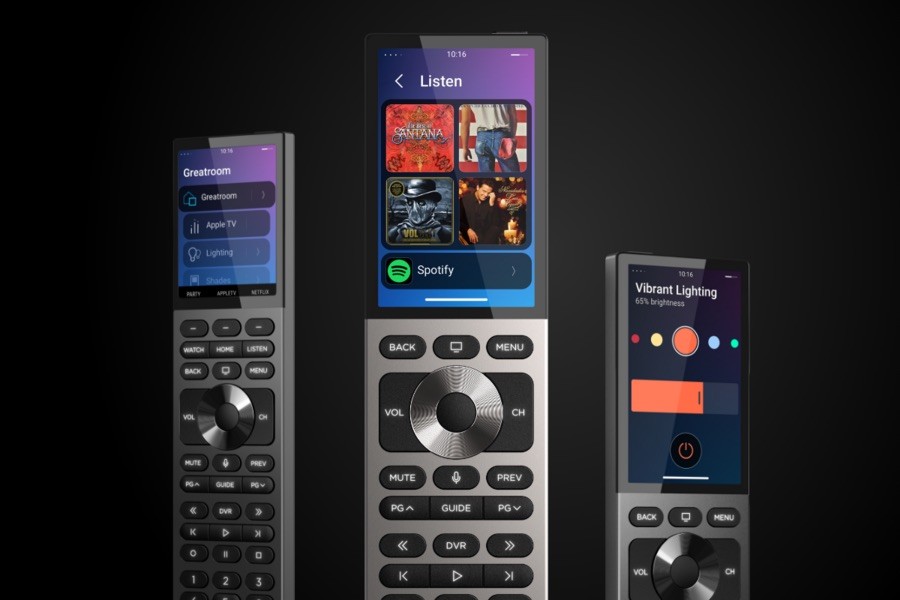 three Control4 touchscreen remotes showing room, lighting, and music device settings
